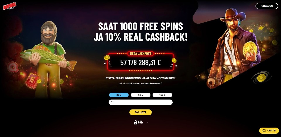 Kuvankaappaus Refuel Casinon etusivusta, näkyvissä tervetuliaisbonus ja cashback, peliautomaattien hahmoja, mega jackpots ja pikatalletusikkuna