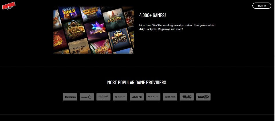 Kuvankaappaus Refuel Casinon peleistä, näkyvissä 4 000+ pelien esittely ja suosituimmat pelinkehittäjät