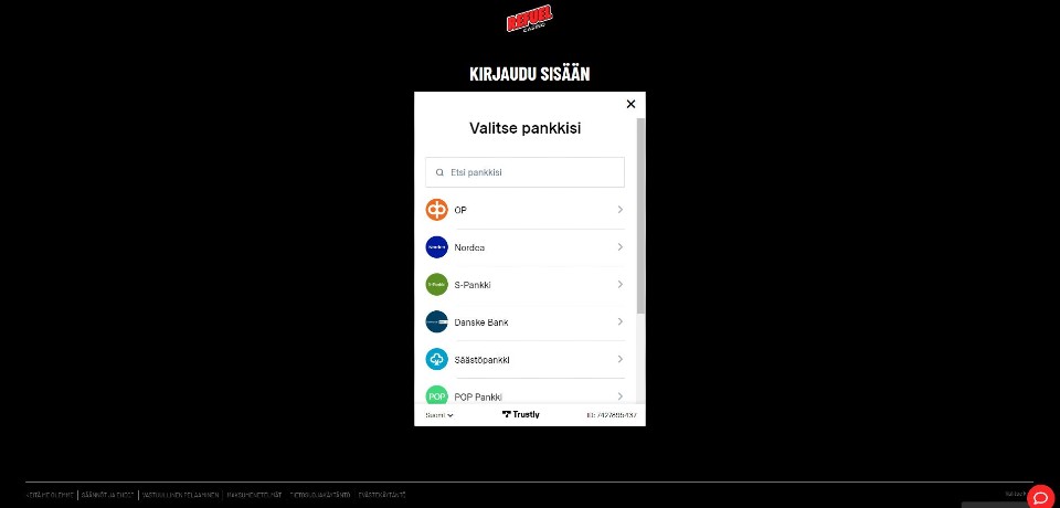 Kuvankaappaus Refuel Casinon kirjautumisikkunasta, näkyvissä Trustlyn talletusikkuna ja oman pankin valinta