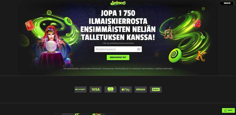 Kuvankaappaus Spinero Casinon etusivusta, näkyvissä tervetuliaisbonus, maksutapojen logoja ja Madame Destiny -peliautomaatin hahmo