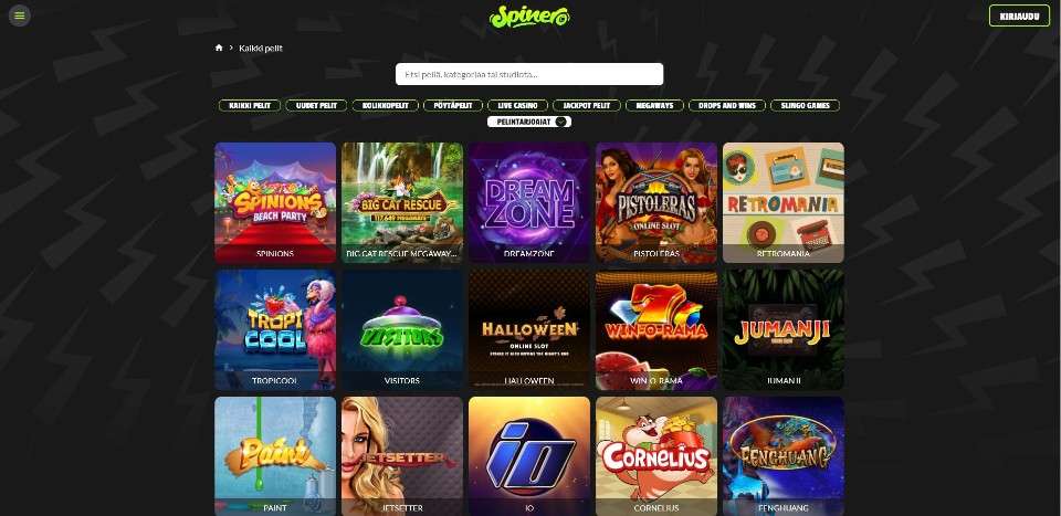 Kuvankaappaus Spinero Casinon peliaulasta, näkyvissä pelivalikot ja 15 peliautomaatin kuvakkeet