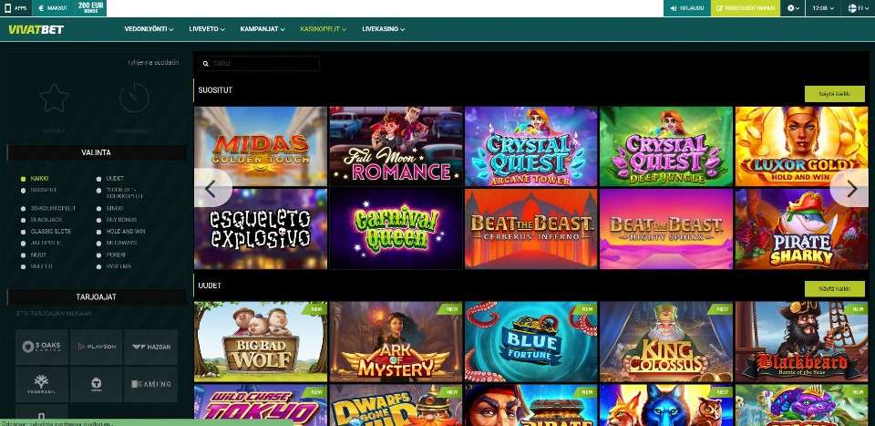 Kuvankaappaus VivatBet Casinon peliaulasta, näkyvissä valikot ja 20 peliautomaatin kuvakkeet