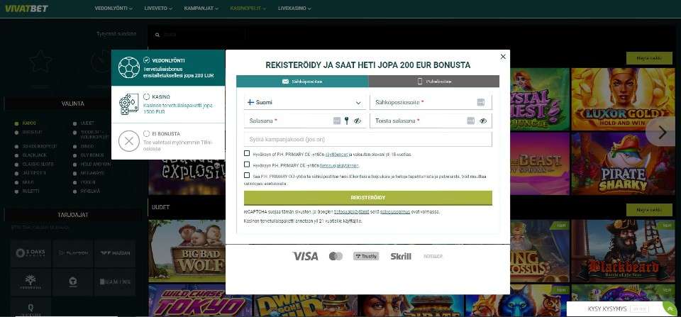Kuvankaappaus VivatBet Casinolle rekisteröitymisestä, näkyvissä tervetuliaisbonukset ja rekisteröitymislomake