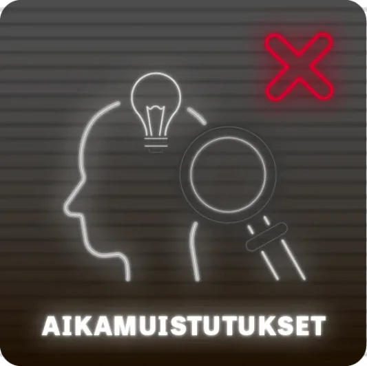 Pää, lamppu, suurennuslasi, teksti aikamuistutukset ja punainen X