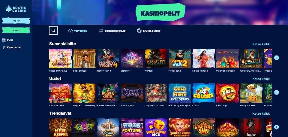 Kuvankaappaus Arctic Casinon peliaulasta, näkyvillä valikot ja 27 peliautomaatin kuvakkeet