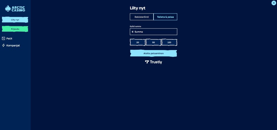 Kuvankaappaus Arctic Casinon Trustly-pikatalletusikkunasta, esillä valikot ja talletusikkuna