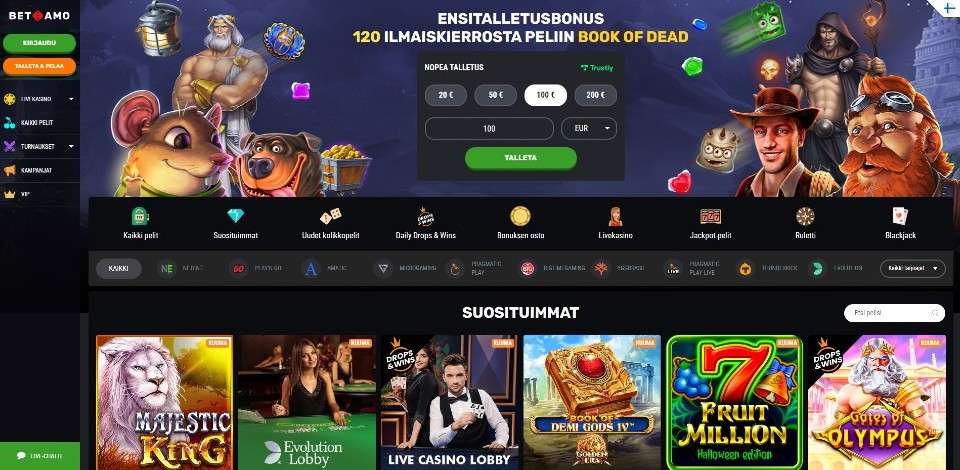 Kuvankaappaus Betamo Casinon etusivusta, näkyvissä valikko, tervetuliaisilmaiskierrokset ja peliautomaattien hahmoja, Trustlyn pikatalletusikkuna, 10 suositun pelinkehittäjän logot ja 6 suosittua peliä