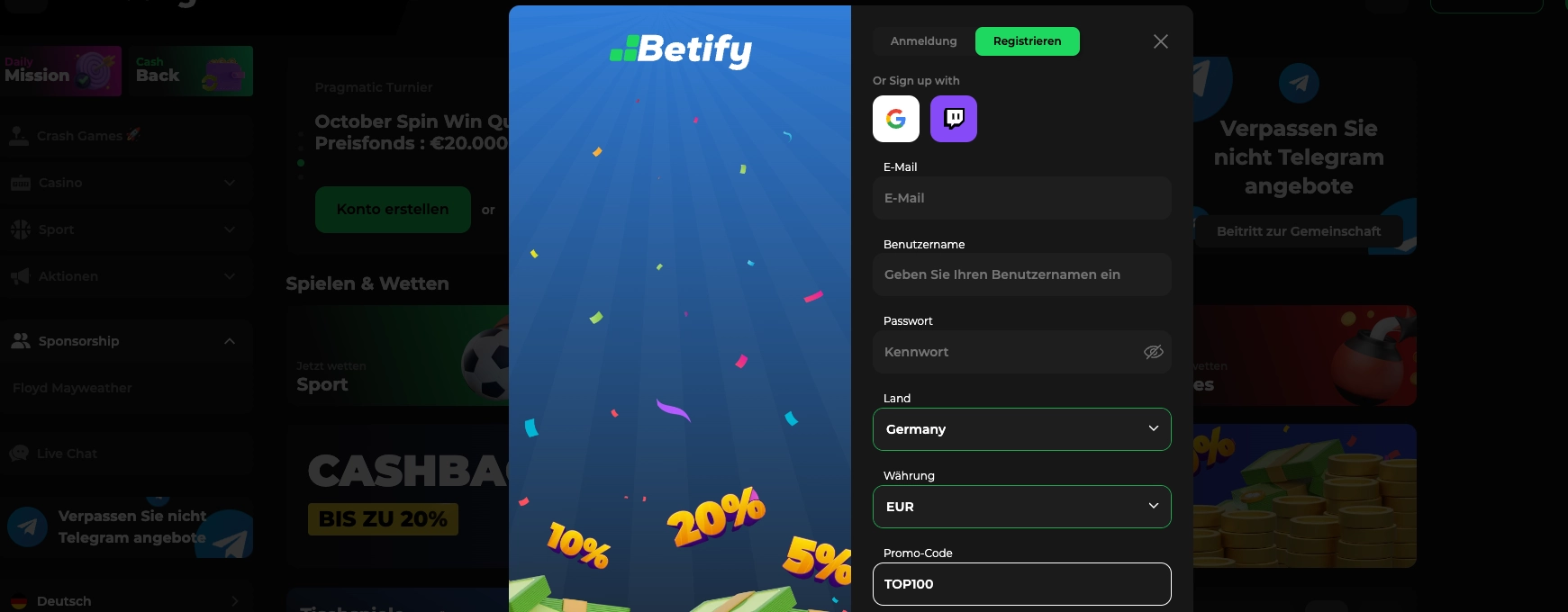 Betify Freispiele ohne Umsatzbedingungen mit Bonus Code TOP100