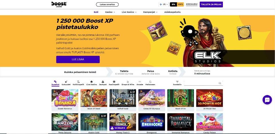 Kuvankaappaus Boost Casinon etusivusta, näkyvissä valikot, XP-pistetaulukko ja 12 peliautomaatin kuvakkeet