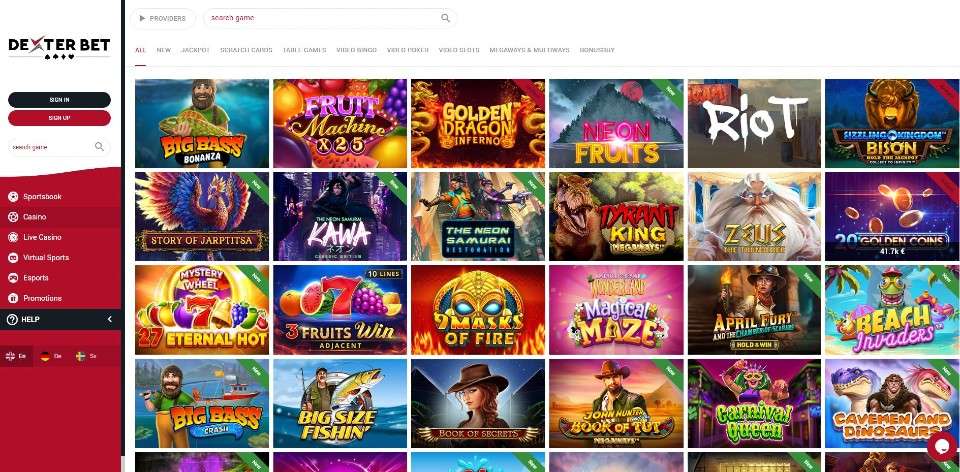 Kuvankaappaus DexterBet Casinon peliaulasta, näkyvissä valikot ja 24 peliautomaatin kuvakkeet