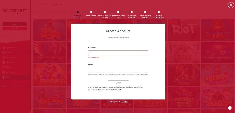 Kuvankaappaus DexterBet Casinolle rekisteröitymisestä, näkyvissä rekisteröitymislomakkeen osa 1/7 nimen ja sähköpostiosoitteen täyttämistä varten