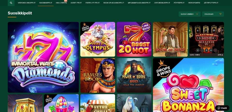 Kuvankaappaus Gomblingo Casinon peliaulasta, näkyvissä pelivalikot ja 12 suositun peliautomaatin kuvakkeet