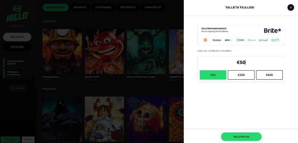 Kuvankaappaus Hillo Casinon talletusikkunasta, näkyvissä Briten pikatalletus 50 eurolle