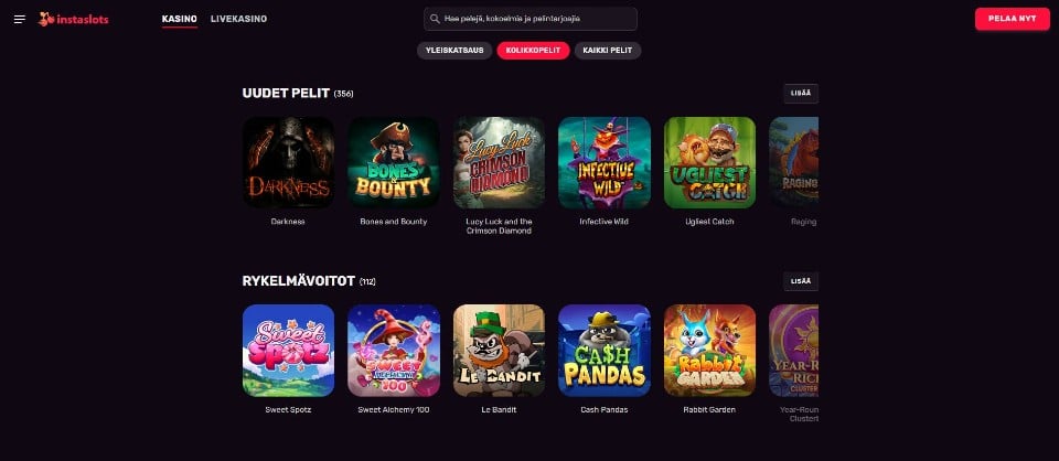 Kuvankaappaus Instaslots Casinon peliaulasta, näkyvissä valikot, viisi uutta peliä ja viisi rykelmävoittojen peliä