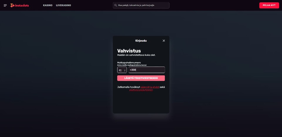 Kuvankaappaus Instaslots Casinolle rekisteröitymisestä, näkyvissä kenttä tekstiviestikoodin lähetystä varten