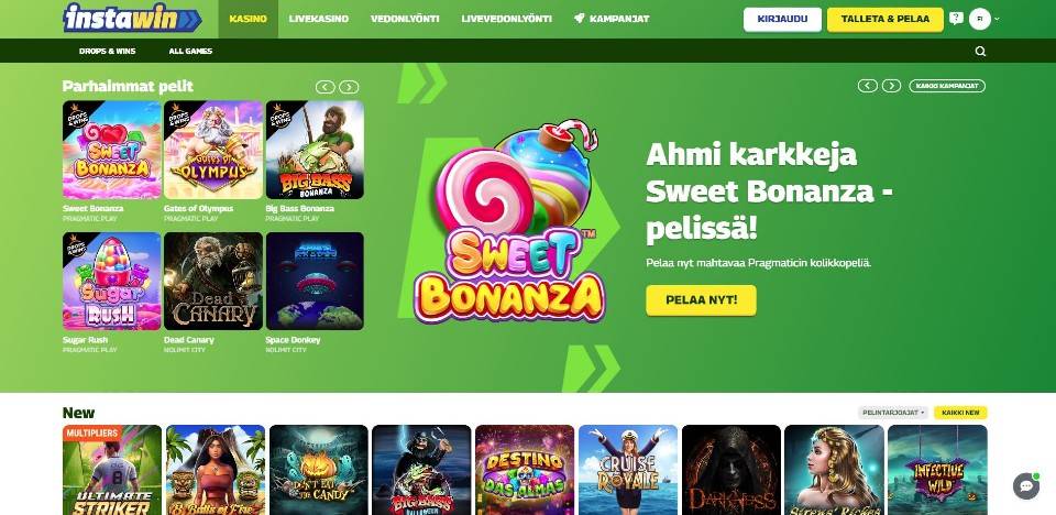 Kuvankaappaus InstaWin Casinon etusivusta, esillä valikot, Sweet Bonanza -pelin banneri ja 15 peliautomaatin kuvakkeet