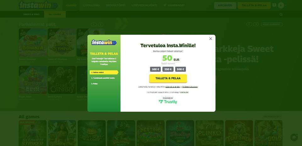 Kuvankaappaus InstaWin Casinon Pay N Play -talletuksesta, esillä Talleta ja pelaa -ikkuna 50 € talletukselle Trustlyn kautta