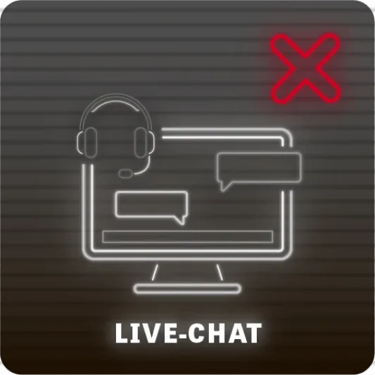 Tietokoneen näytöllä viestiketju, luurit, punainen X ja teksti live-chat