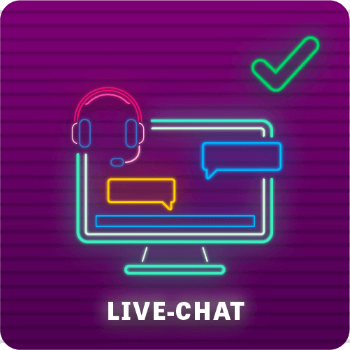 Tietokoneen näytöllä viestiketju, luurit, vihreä oikein-merkki ja teksti live-chat