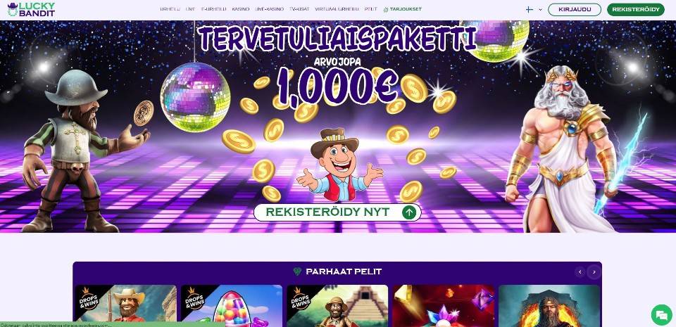 Kuvankaappaus Lucky Bandit Casinon etusivusta, näkyvissä valikot, tervetuliaisbonus ja parhaat pelit sekä peliautomaattien hahmoja