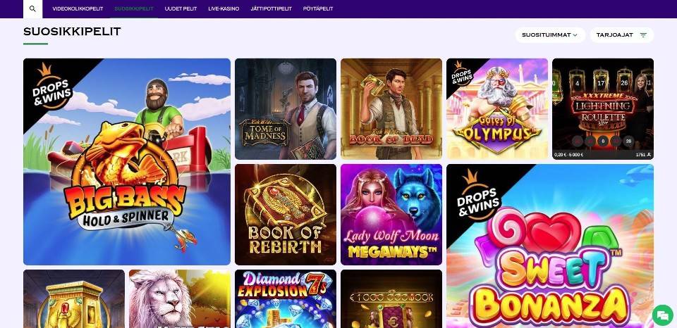 Kuvankaappaus Lucky Bandit Casinon peliaulasta, näkyvissä pelivalikot ja 12 suositun peliautomaatin kuvakkeet