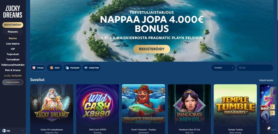 Kuvankaappaus Lucky Dreams Casinon etusivusta, näkyvissä tervetuliaisbonus ja taustalla on saari, hiekkarantoja ja merta, valikot ja 5 peliautomaatin kuvakkeet