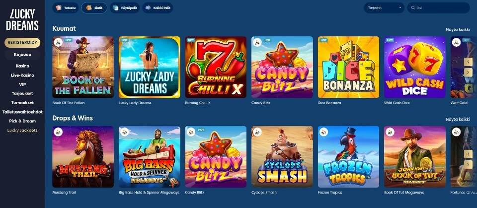 Kuvankaappaus Lucky Dreams Casinon peliaulasta, näkyvissä valikot ja 12 peliautomaatin kuvakkeet