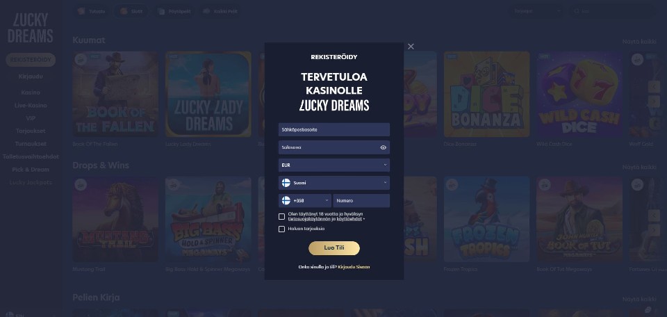 Kuvankaappaus Lucky Dreams Casinolle rekisteröitymisestä, näkyvissä rekisteröitymislomake