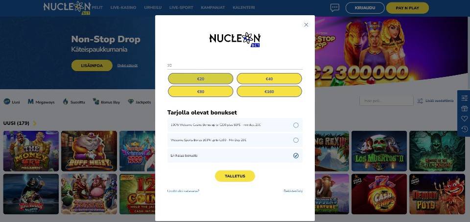 Kuvankaappaus NucleonBet Casinon pikatalletuksesta, näkyvissä 20 € Pay N Play -talletus ja tarjolla olevat bonukset