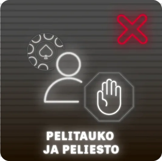 Henkilö, jonka takana pelimerkki ja edessä stop-merkki, punainen X sekä teksti pelitauko ja peliesto tummalla taustalla