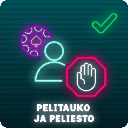 Henkilö, jonka takana pelimerkki ja edessä stop-merkki, vihreä oikein-merkki sekä teksti pelitauko ja peliesto vihreällä taustalla