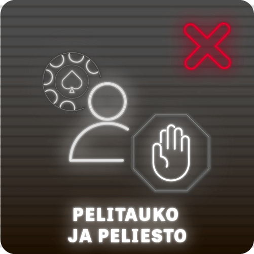 Henkilö, jonka takana pelimerkki ja edessä stop-merkki, punainen X sekä teksti pelitauko ja peliesto tummalla taustalla