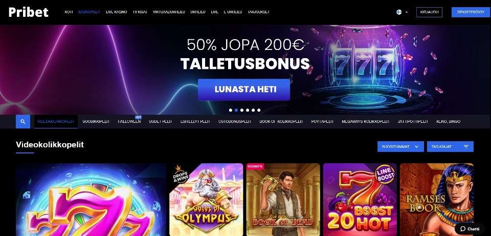 Kuvankaappaus Pribet Casinon etusivusta, näkyvissä päävalikko, tervetuliaisbonus, pelivalikot ja 5 peliautomaatin kuvakkeet