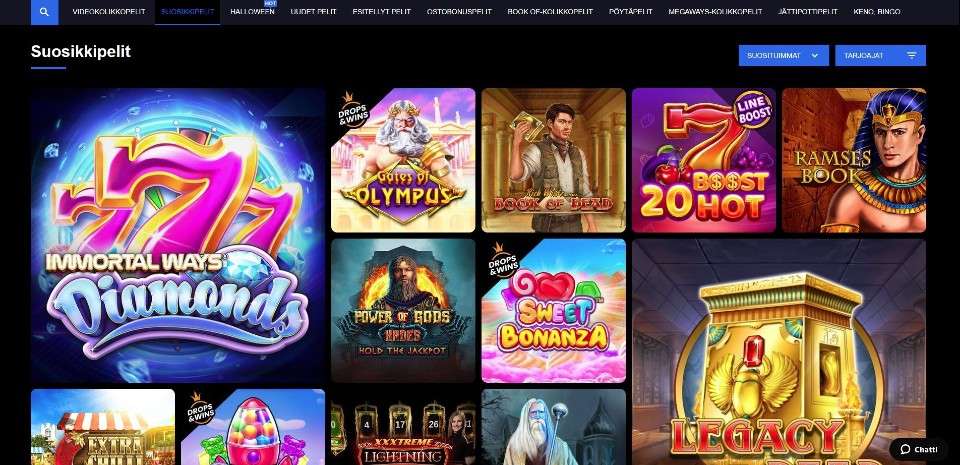 Kuvankaappaus Pribet Casinon peliaulasta, näkyvissä pelivalikot ja 12 suositun peliautomaatin kuvakkeet
