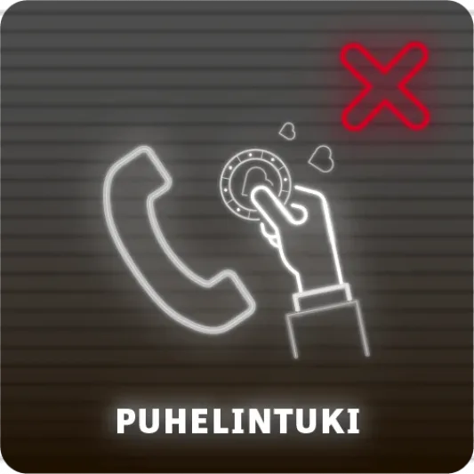 Puhelin, kädessä pelimerkki, punainen X ja teksti puhelintuki