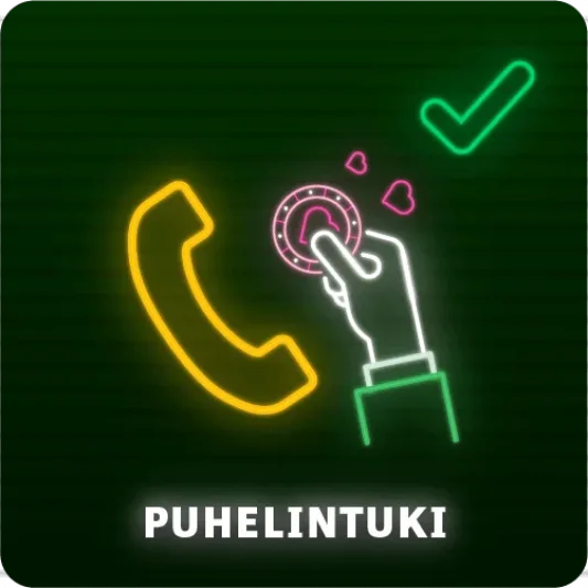 Puhelin, kädessä pelimerkki, vihreä oikein-merkki ja teksti puhelintuki