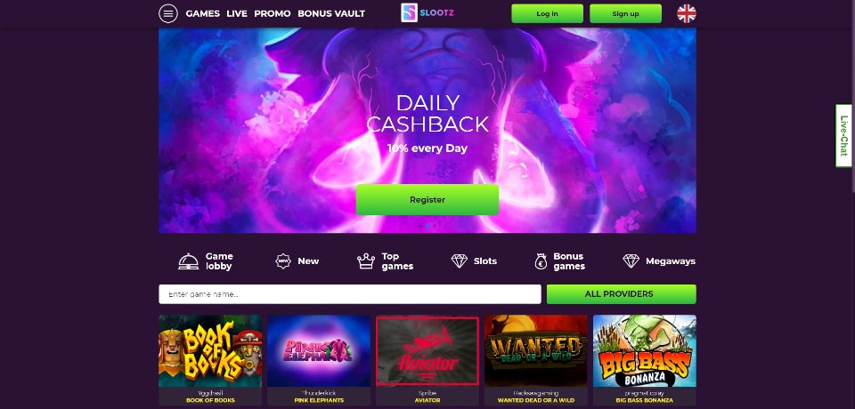 Kuvankaappaus Slootz Casinon etusivusta, näkyvissä päivittäinen cashback-bonus, valikot ja 5 peliautomaatin kuvakkeet