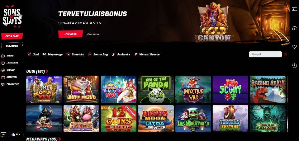 Kuvankaappaus Sons of Slots casinon etusivusta, näkyvissä valikot, tervetuliaisbonus ja 14 peliautomaatin kuvakkeet