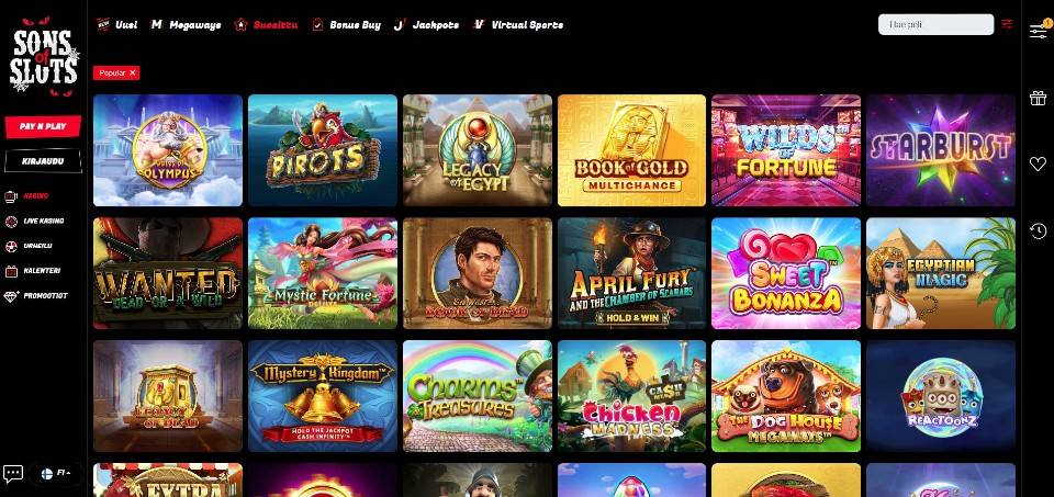 Kuvankaappaus Sons of Slots casinon peliaulasta, näkyvissä valikot ja 18 peliautomaatin kuvakkeet