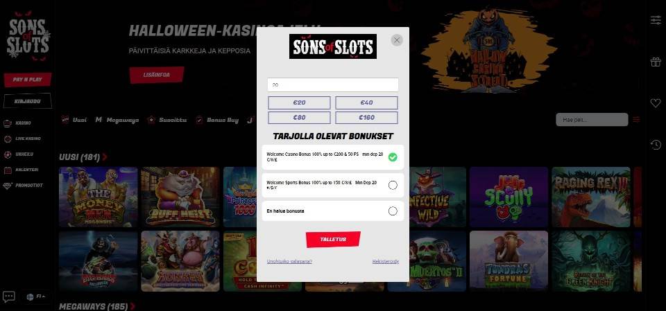 Kuvankaappaus Sons of Slots casinon pikatalletuksesta, näkyvissä 20 € Pay N Play -talletus ja bonusvaihtoehdot