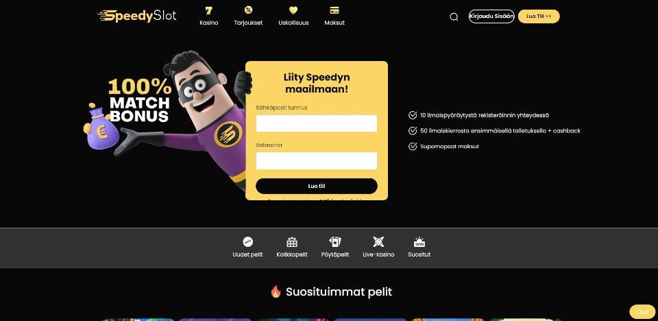 Kuvankaappaus SpeedySlot Casinon etusivusta, näkyvissä päävalikko, tervetuliaisbonus, rekisteröitymisikkuna ja pelityypit