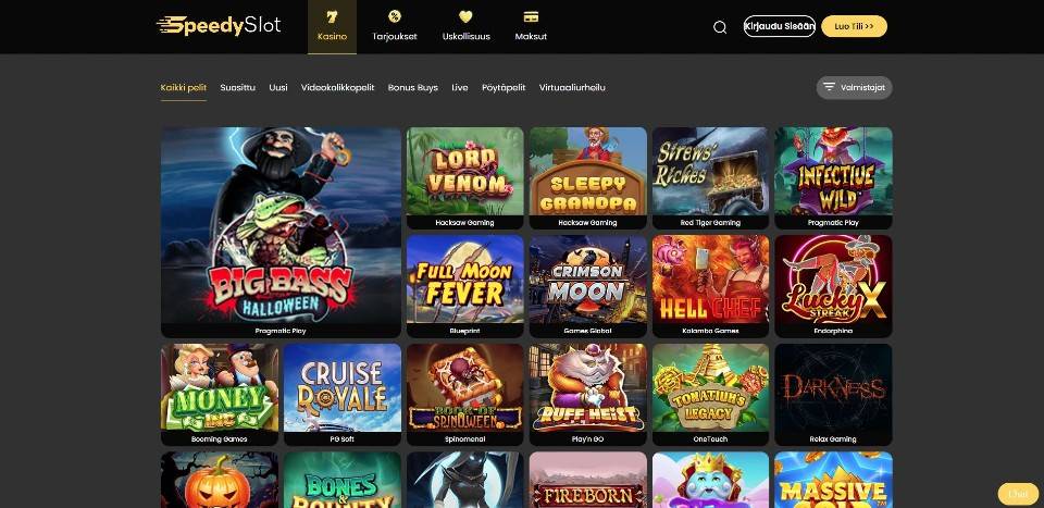 Kuvankaappaus SpeedySlot Casinon peliaulasta, näkyvissä valikot ja 21 peliautomaatin kuvakkeet
