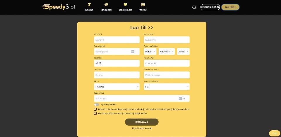 Kuvankaappaus SpeedySlot Casinolle rekisteröitymisestä, näkyvissä rekisteröitymislomake