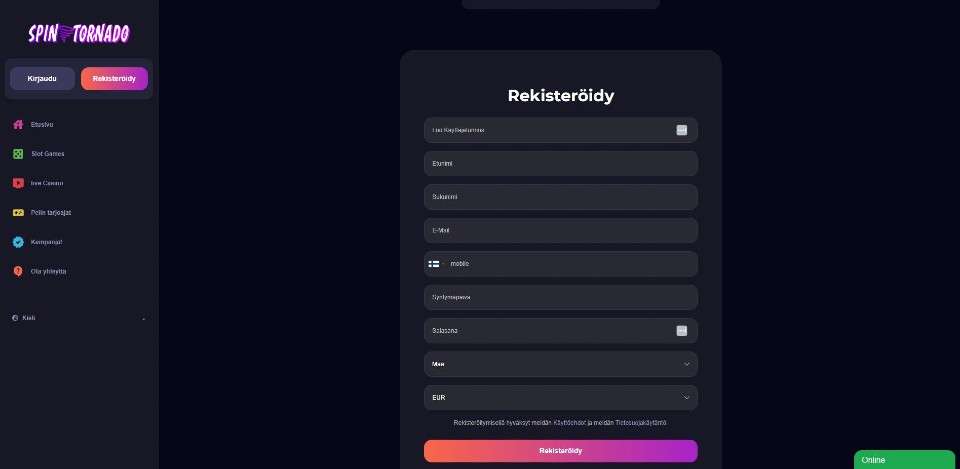 Kuvankaappaus Spin Tornado Casinolle rekisteröitymisestä, näkyvissä valikko ja rekisteröitymislomake