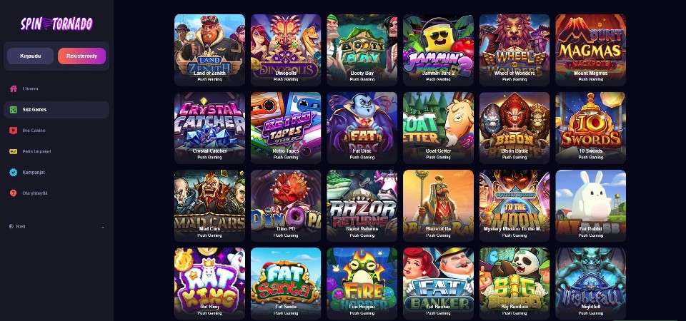 Kuvankaappaus Spin Tornado Casinon peliaulasta, näkyvissä valikko ja 24 peliautomaatin kuvakkeet