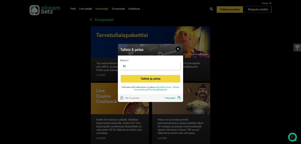 Kuvankaappaus StreamBetz Casinon pikatalletuksesta, näkyvillä Talleta & pelaa 50 € pikatalletus ja taustalla kasinotarjouksia