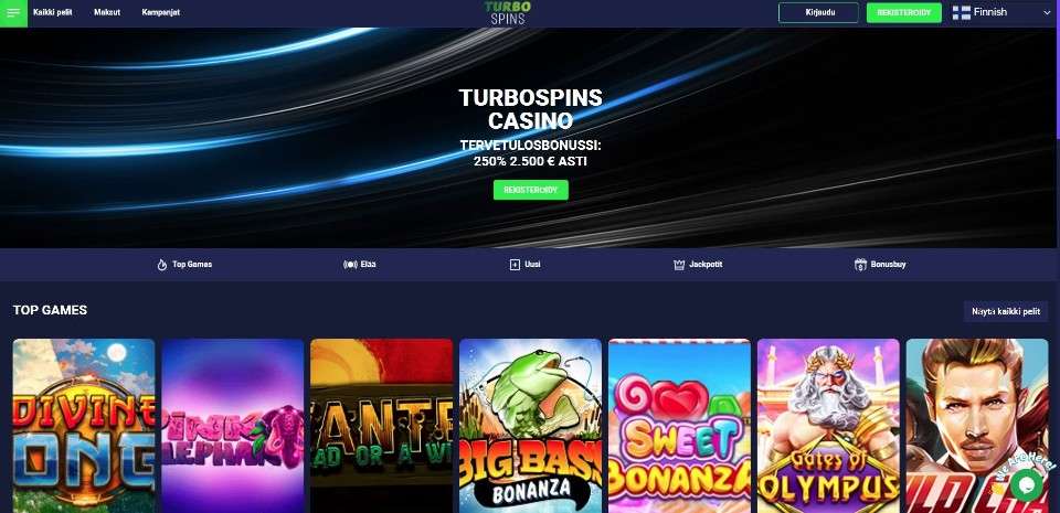 Kuvankaappaus Turbo Spins Casinon etusivusta, näkyvissä tervetuliaisbonus ja 7 peliautomaatin kuvakkeet