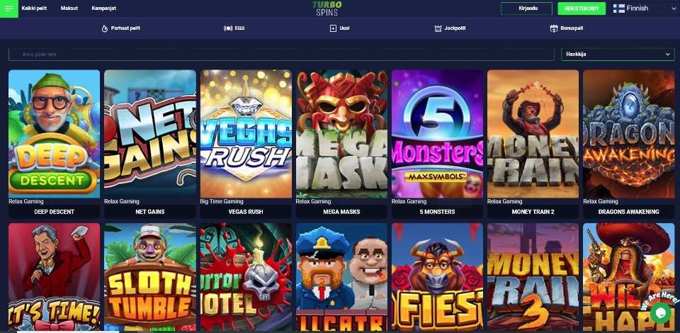 Kuvankaappaus Turbo Spins Casinon peliaulasta, näkyvissä valikot ja 14 peliautomaatin kuvakkeet