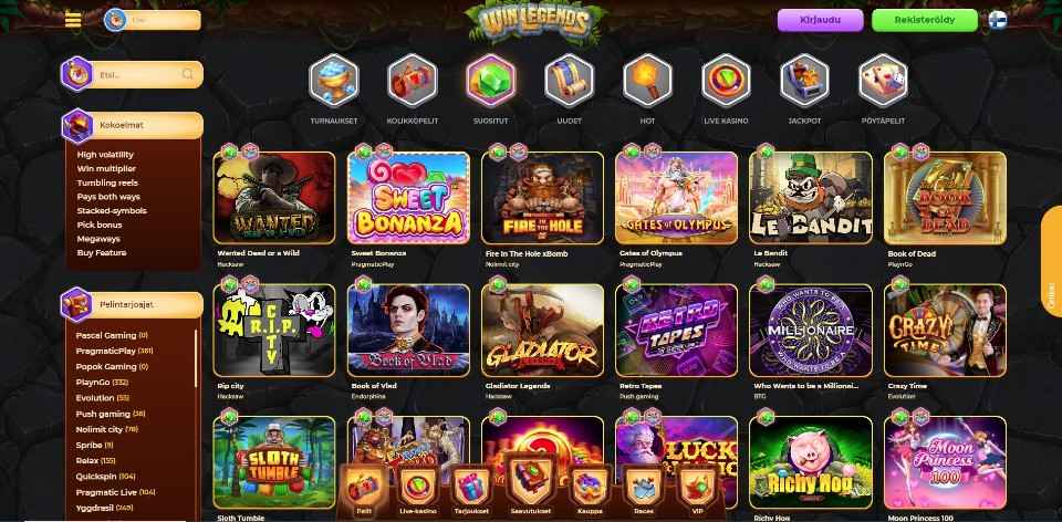 Kuvankaappaus WinLegends Casinon peliaulasta, näkyvissä pelivalikot, kokoelmat ja pelinkehittäjät sekä 18 peliautomaatin kuvakkeet