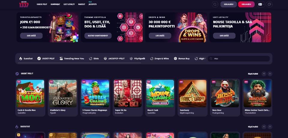 Kuvankaappaus Casino 1337 Casinon etusivusta, näkyvillä valikot, tarjouksia ja 8 pelin kuvakkeet